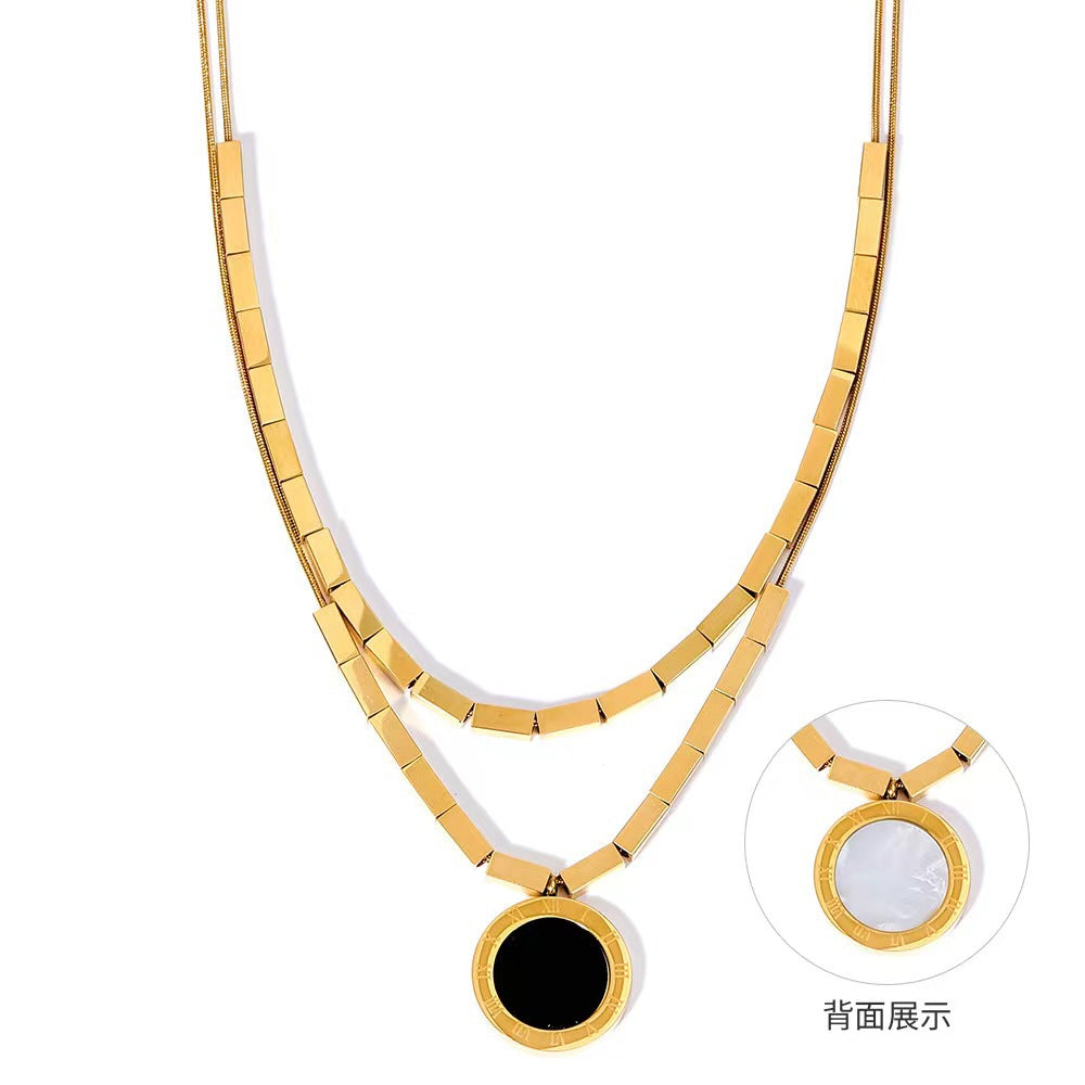 Minimalist Geometric Round Double-Sided Roman Black and White Pendant Necklace in Titanium Steel with Plated Finish on Snake Chain