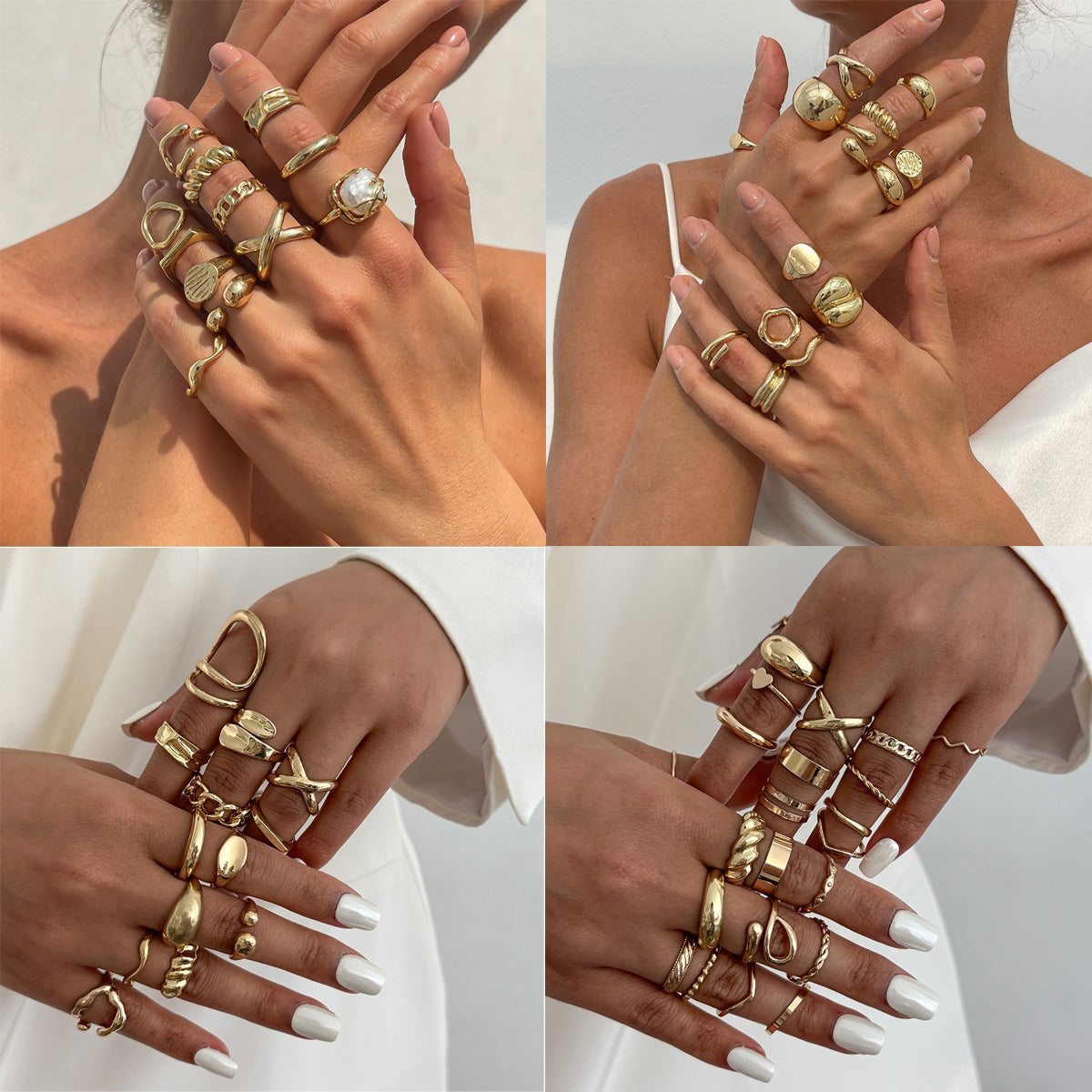 Minimalist Geometric Alloy Plated Open Ring Set with Pearl Inlay for Women