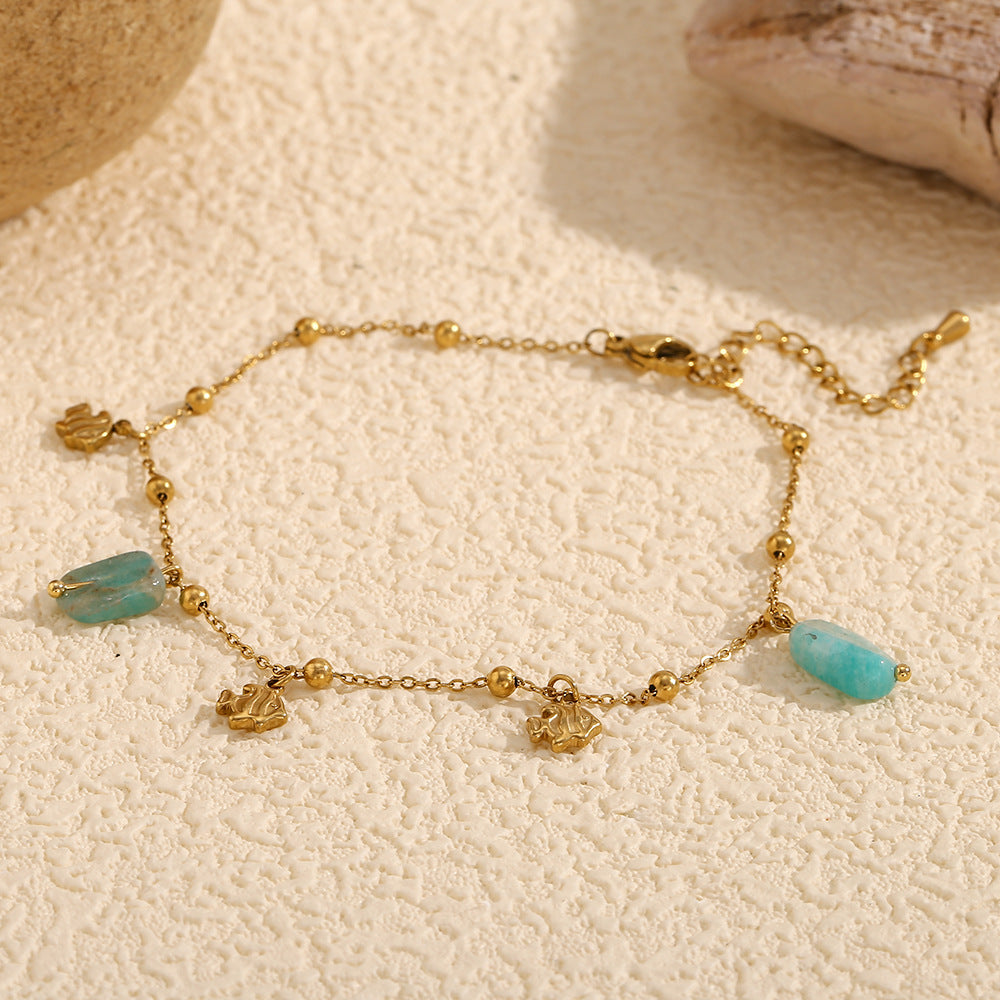 Cavigliera minimalista a forma di pesce in acciaio inossidabile con placcatura in oro 18 carati e ciondolo acquamarina da donna