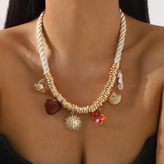Collar con dije de cangrejo, corazón, flores, conchas marinas y caballito de mar, estilo vacaciones tropicales, de aleación con esmalte, para mujer