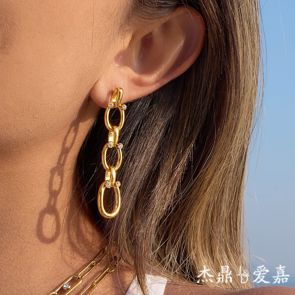 Elegant Geometric Stainless Steel PVD Gold Plated Rhinestone Tassel Earrings for Women