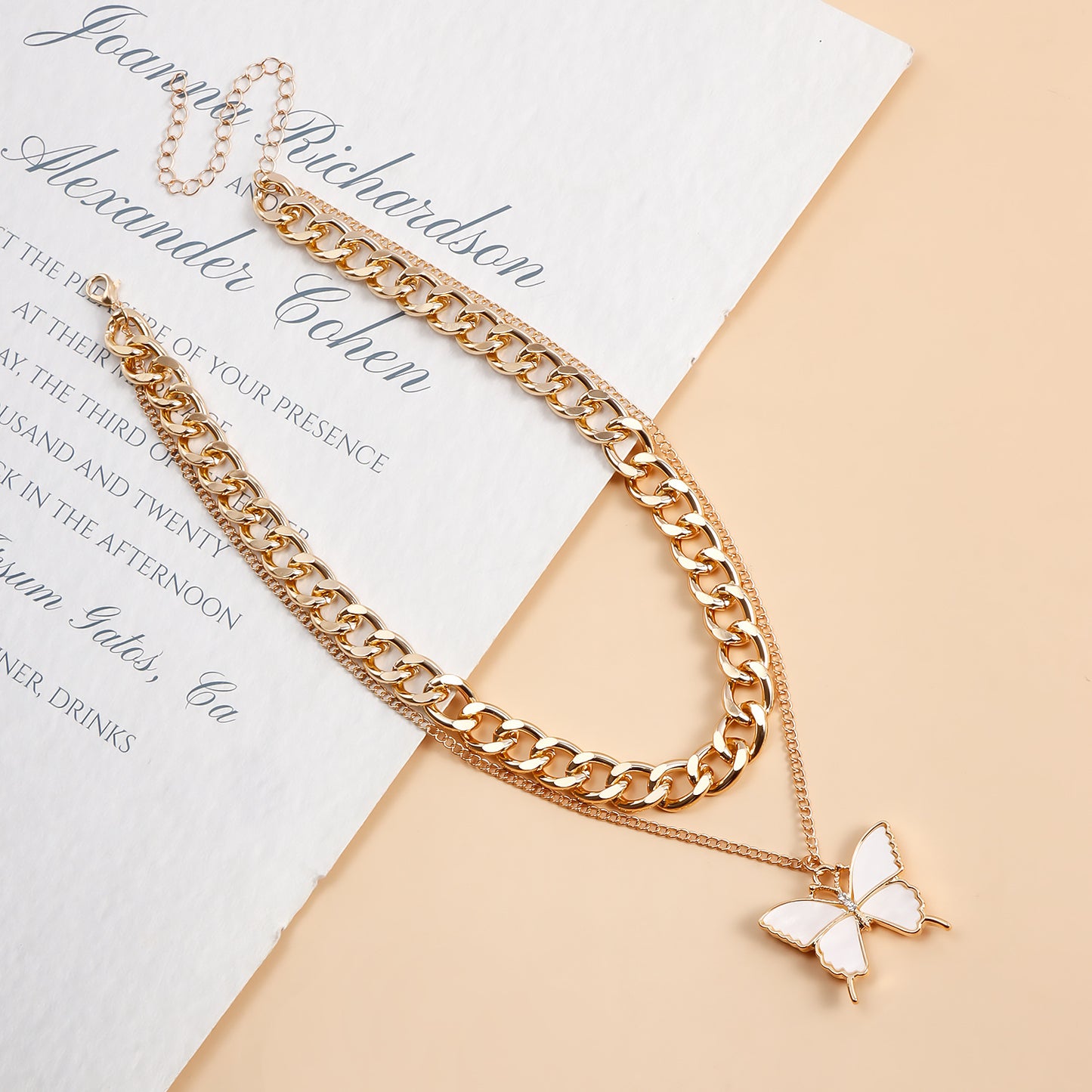Elegant Two-Tier White Butterfly Alloy Necklace for Women with Plated Metal Finish and Clavicle Chain Style