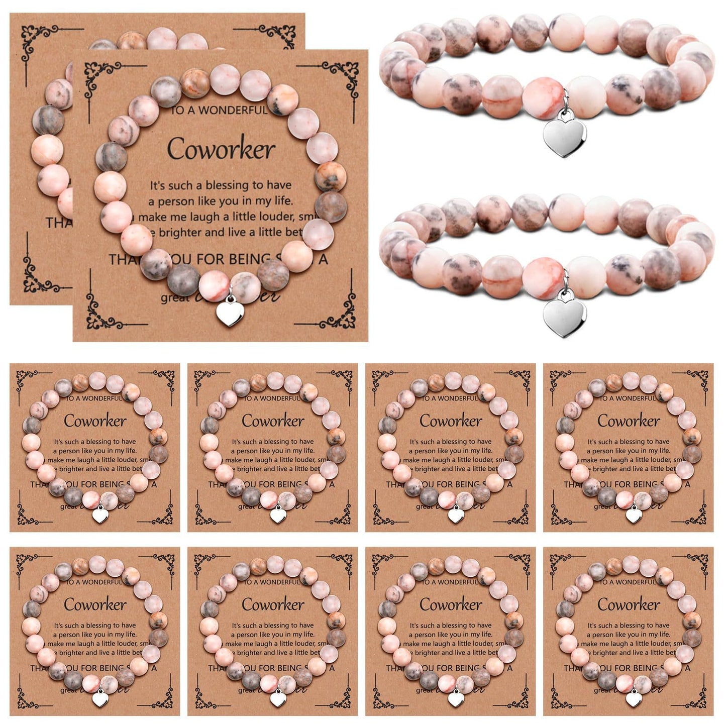 Sweet Natural Pink Zebra Print Crystal Heart Pendant Beaded Bracelet Set Unisex