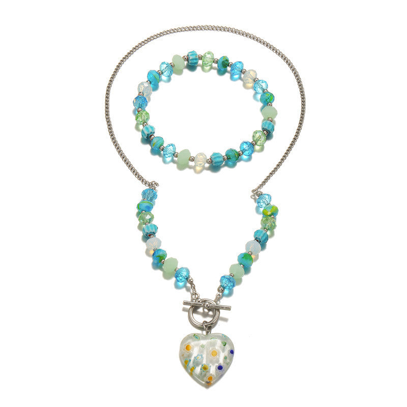 Bohemian Style Heart-Shaped Alloy Necklace Set with Beaded Design for Women