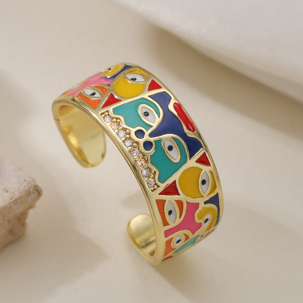Minimalist 18K Gold Plated Brass Geometric Abstract Drip Oil Cubic Zirconia Inlay Open Ring for Women