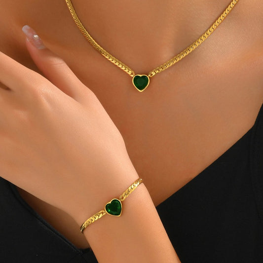 Minimalist Heart-Shaped Copper Necklace and Bracelet Set with Rhinestone Inlay for Women