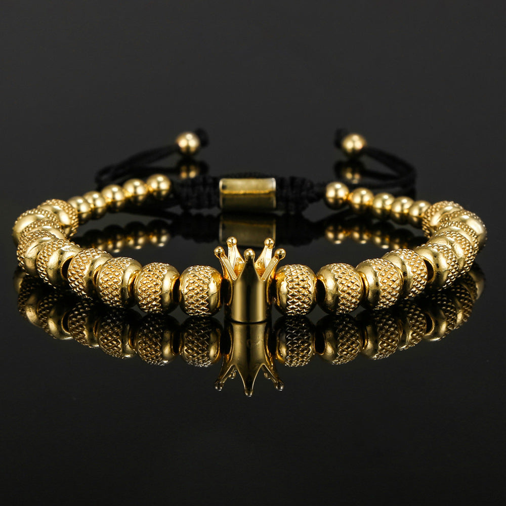 Vintage Geometric Crown Stainless Steel Brass Beaded Bracelet for Men and Women