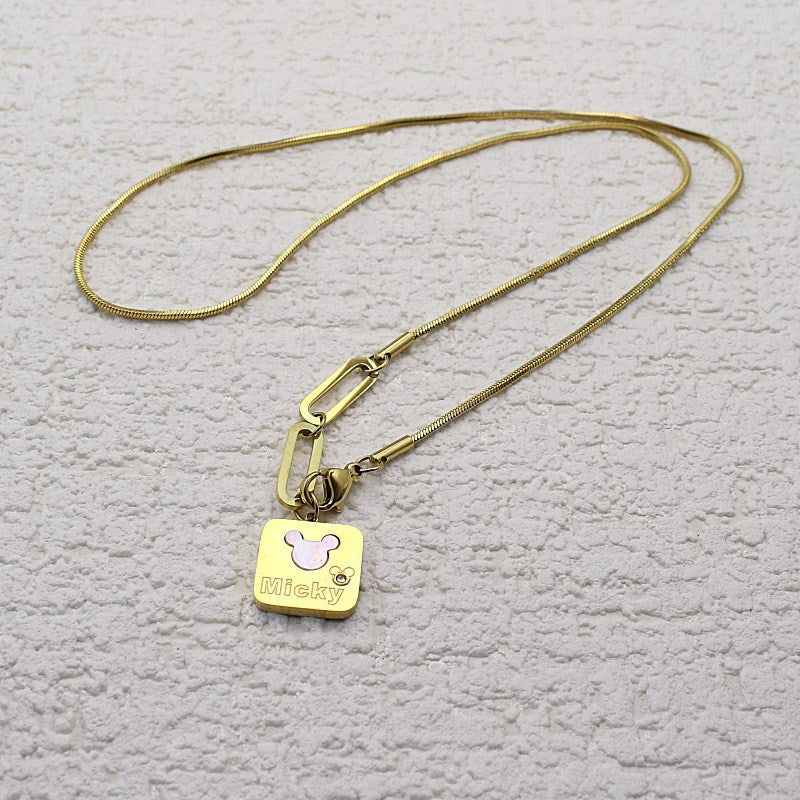 Minimalist Square Shell Mickey Mouse Titanium Steel Snake Chain Clavicle Necklace with Plating Finish