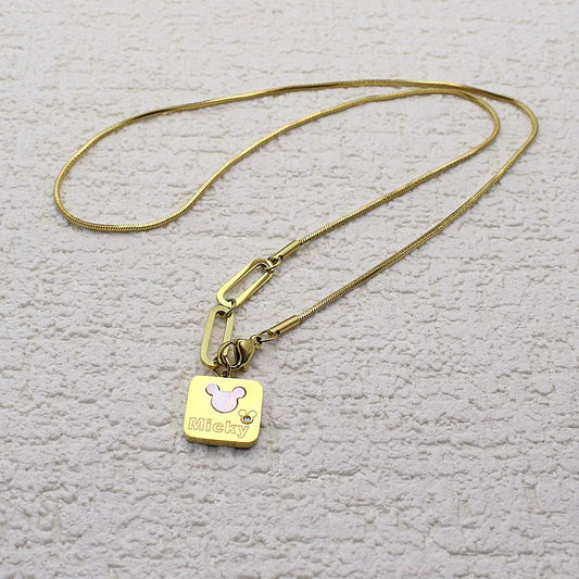 Minimalist Square Shell Mickey Mouse Titanium Steel Snake Chain Clavicle Necklace with Plating Finish