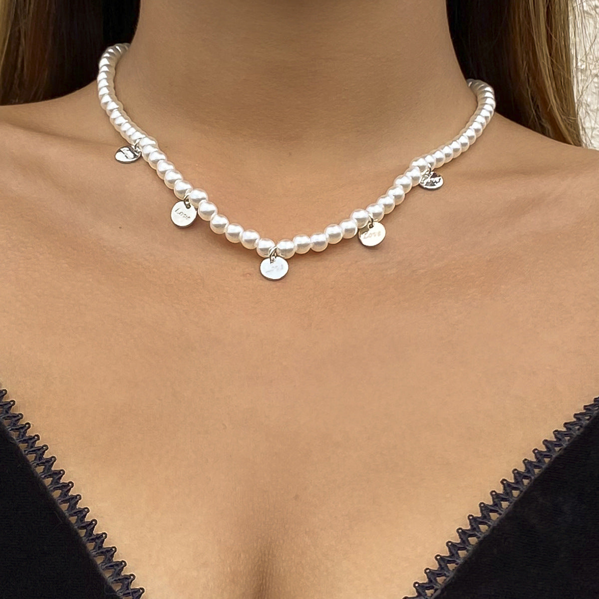 Sweet Minimalist Letter Pearl Ball Chain Necklace for Women