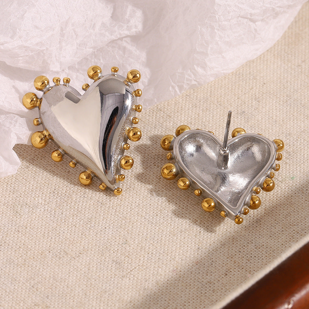 Fashionable Minimalist Heart-Shaped Stainless Steel Earrings with 18K Gold Plated Beaded Edge for Women