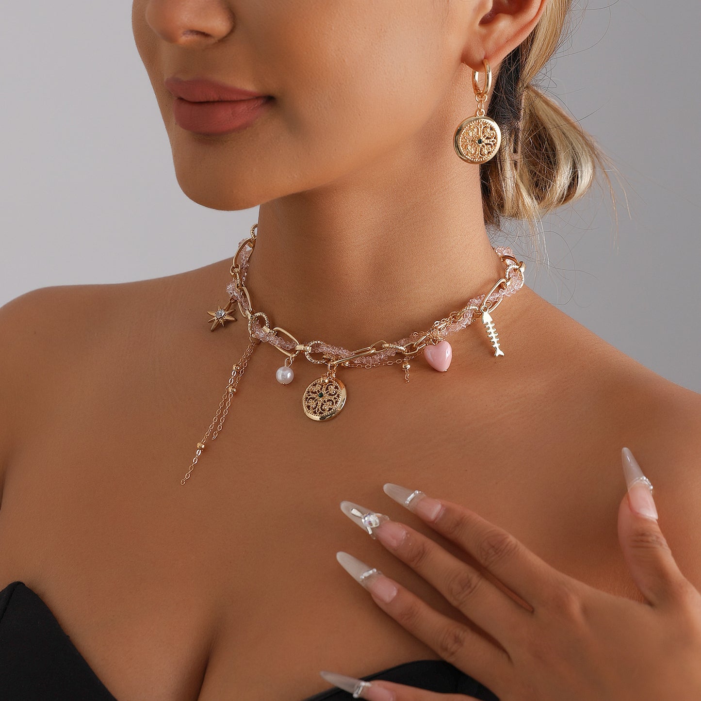 Vintage Heart Geometric Hollow Flower Crystal Plated Alloy Necklace Earring Set for Women