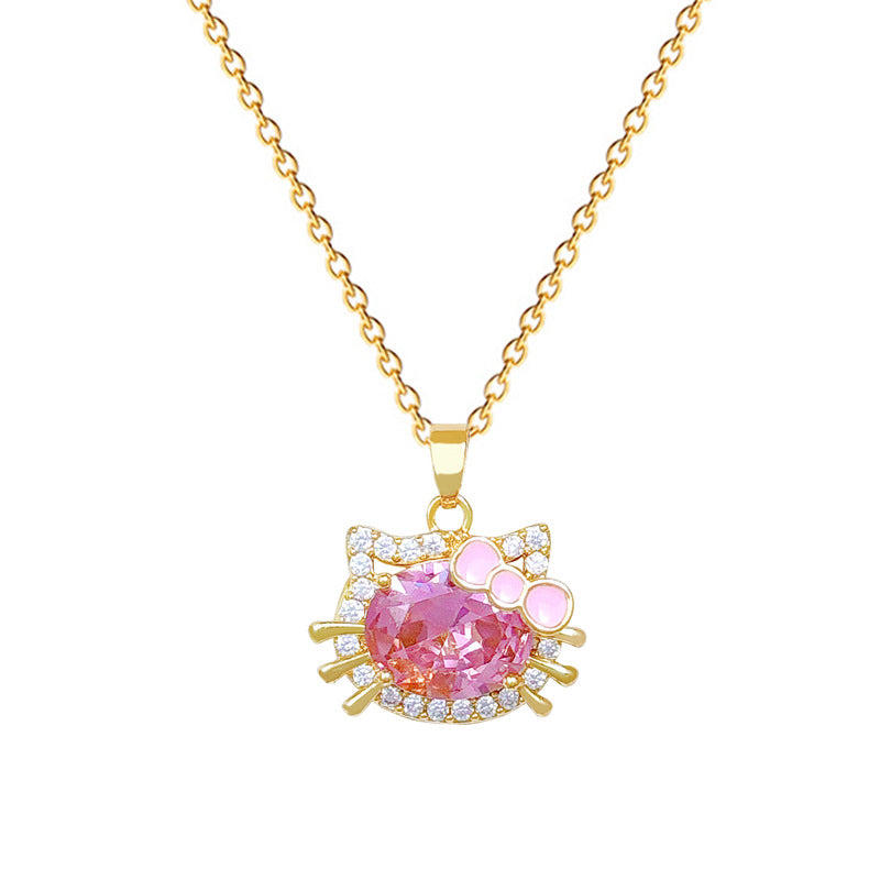 Sweet Cartoon Cat Bow Rhinestone Pendant Titanium Steel Necklace for Women and Men