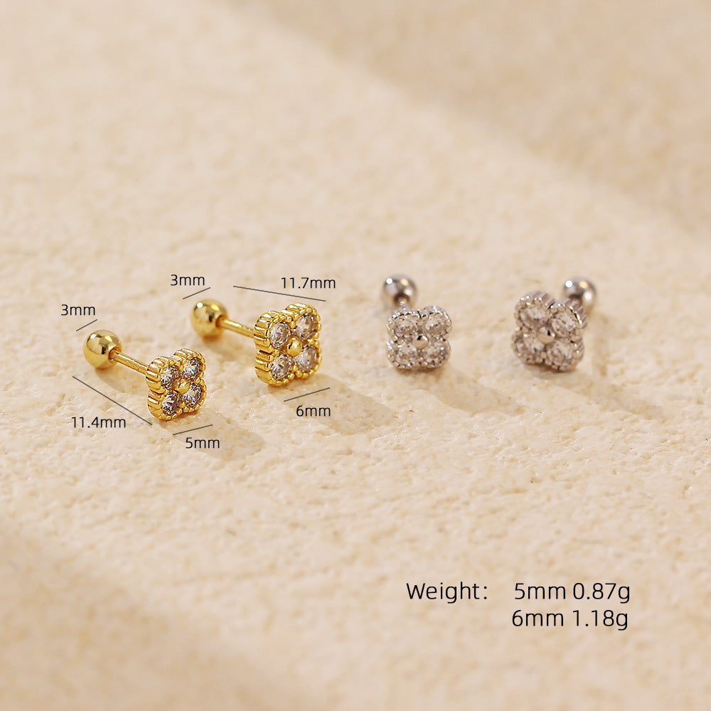 Vintage Clover-Shaped S925 Sterling Silver Stud Earrings with Rhinestone Inlay for Women