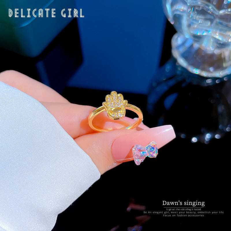 Minimalist Hand-shaped Ring with Zircon Inlay Adjustable Open Band for Women