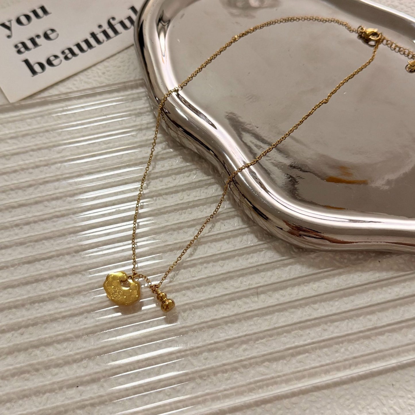 Gold Plated Titanium Steel Gourd Lock Necklace Unisex