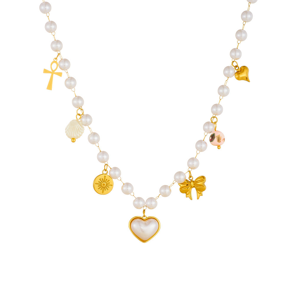Fashionable Heart and Bow Pendant Necklace in Stainless Steel with Plated Finish for Women