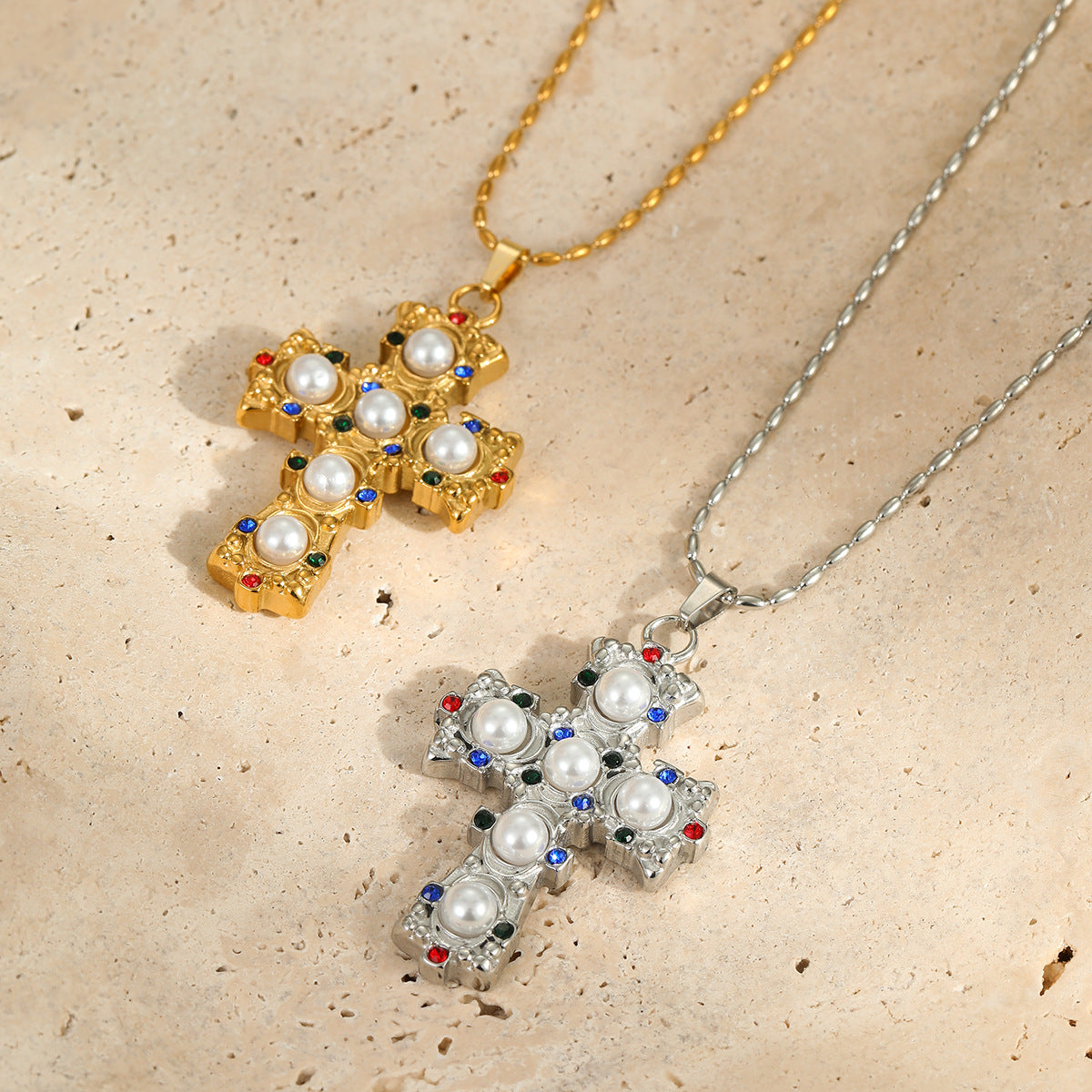 Collar con colgante de cruz de moda en acero inoxidable con baño de oro de 18 quilates y incrustaciones de pedrería colorida, diseño geométrico para mujer