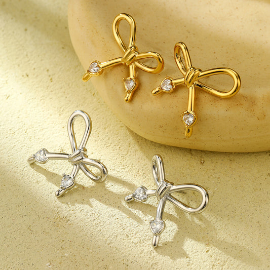 Pendientes de tuerca de acero inoxidable con forma de lazo estilo francés, dulces y elegantes, para mujer con acabado chapado