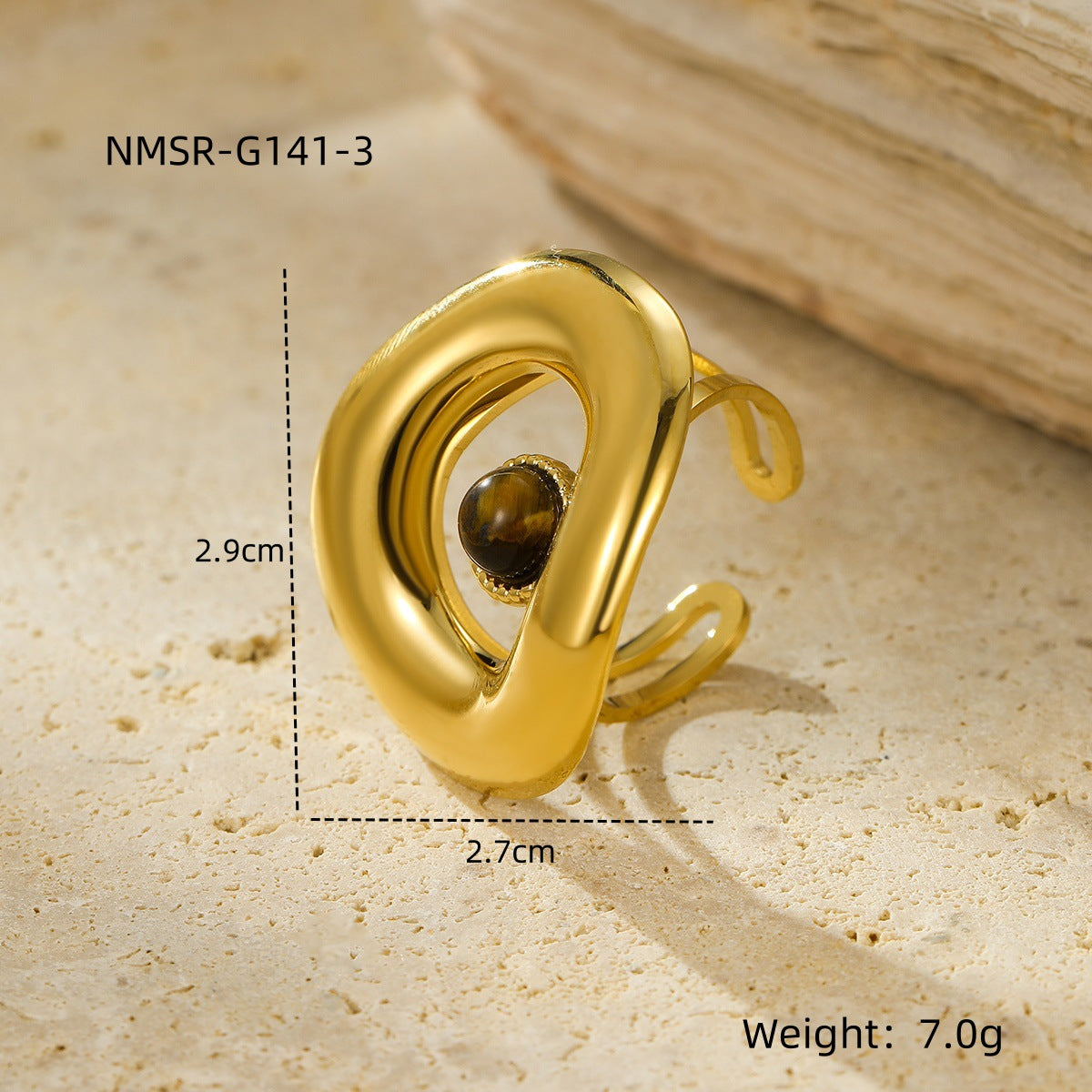 Anillo minimalista de acero de titanio geométrico con baño de oro de 18 quilates e incrustaciones de piedra natural para mujer