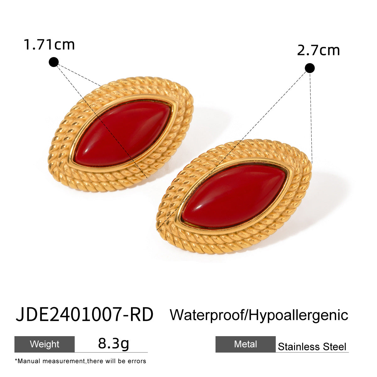 Orecchini a perno da donna geometrici in acciaio inossidabile con intarsio in agata rossa, finitura placcata, stile minimalista e alla moda