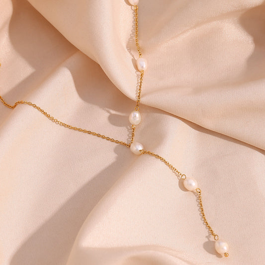 Minimalist Fashion Y-Shaped Necklace for Women with Stainless Steel Chain and Freshwater Pearl Pendant