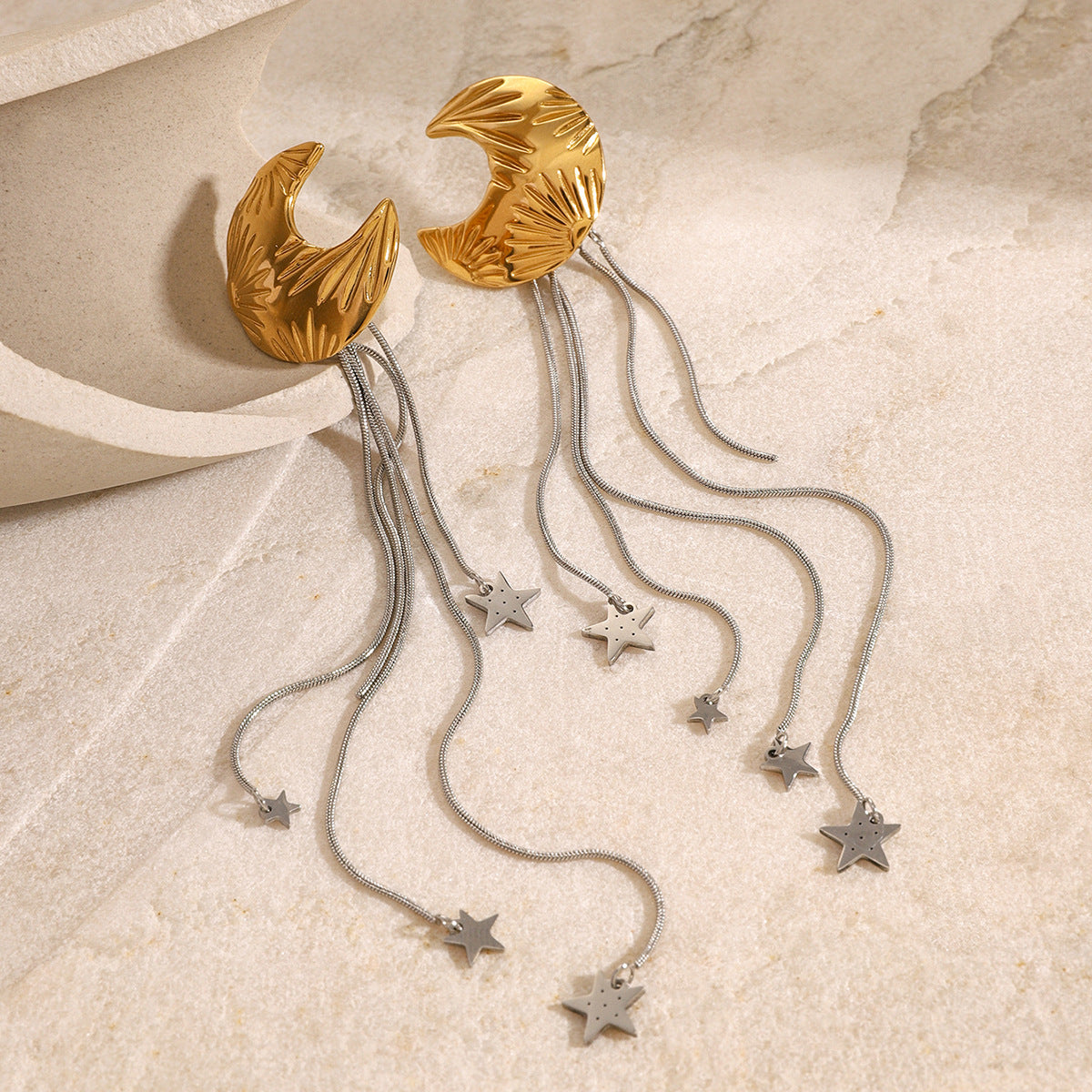 Orecchini pendenti da donna con stelle geometriche, placcati in oro 18 carati, in acciaio inossidabile