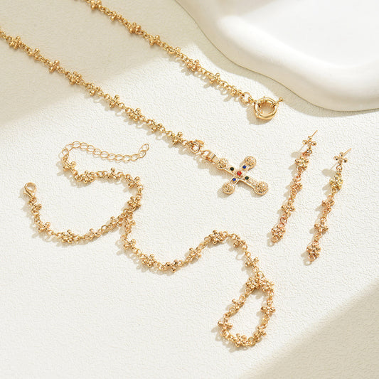 Fashionable Cross Pendant Necklace Set for Women with Alloy Chain and Inlaid Artificial Gemstones