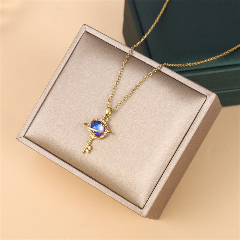 Romantic Starry Sky Glass Stone Key Pendant Necklace in Titanium Steel with Plated Finish on O-Chain