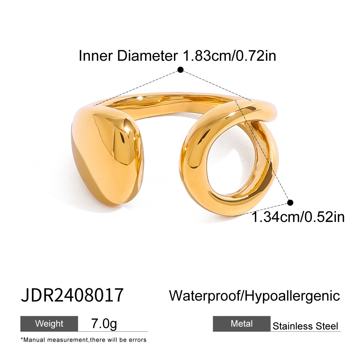 Geometric Stainless Steel Ring with 18K Gold Plating, Open-End Asymmetrical Design, Minimalist Unisex Fashion Jewelry