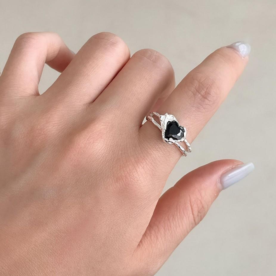 Anello aperto in argento sterling S925, dolce, minimalista, a forma di cuore irregolare con zirconi incastonati