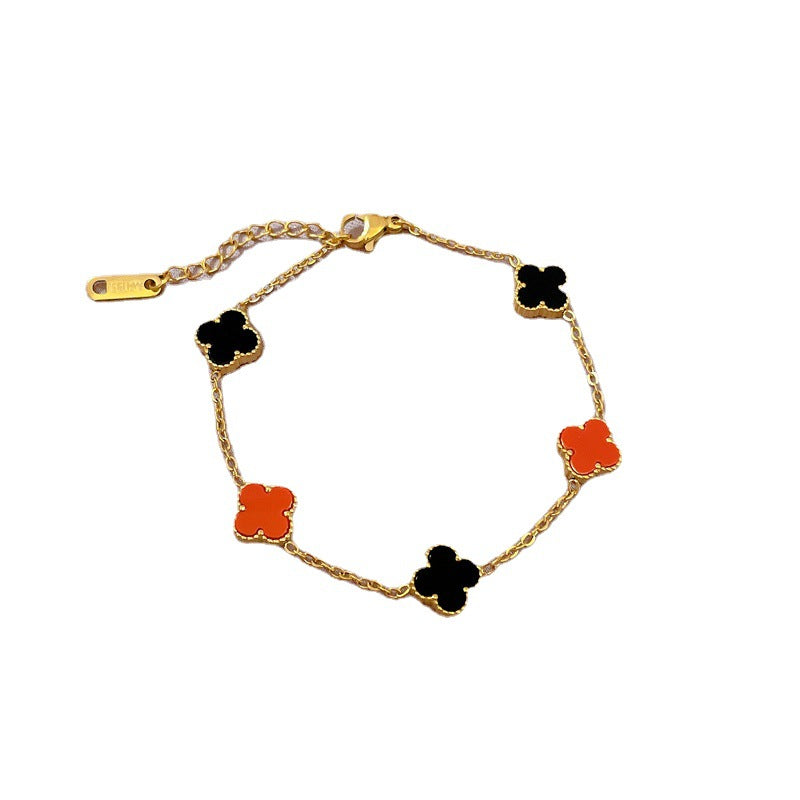 Minimalist Vintage Titanium Steel Box Chain Bracelet with Four-Leaf Clover and Mother-of-Pearl Accents