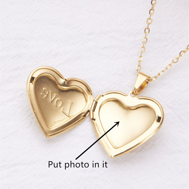 Minimalist Heart-Shaped Stainless Steel Necklace with Openable Photo Frame Pendant for Women