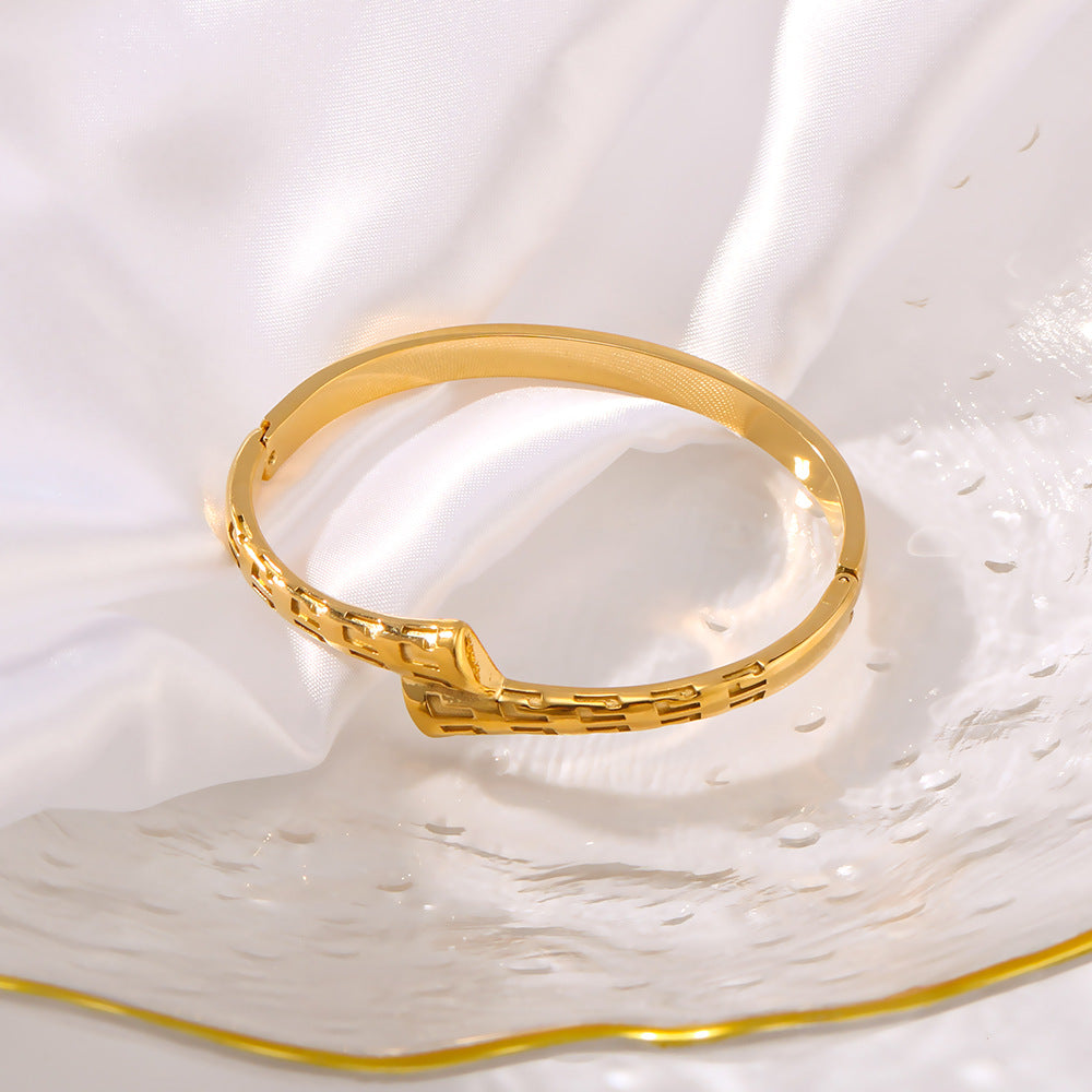 Asymmetrical Geometric Texture Stainless Steel Bracelet with 18K Gold Plating