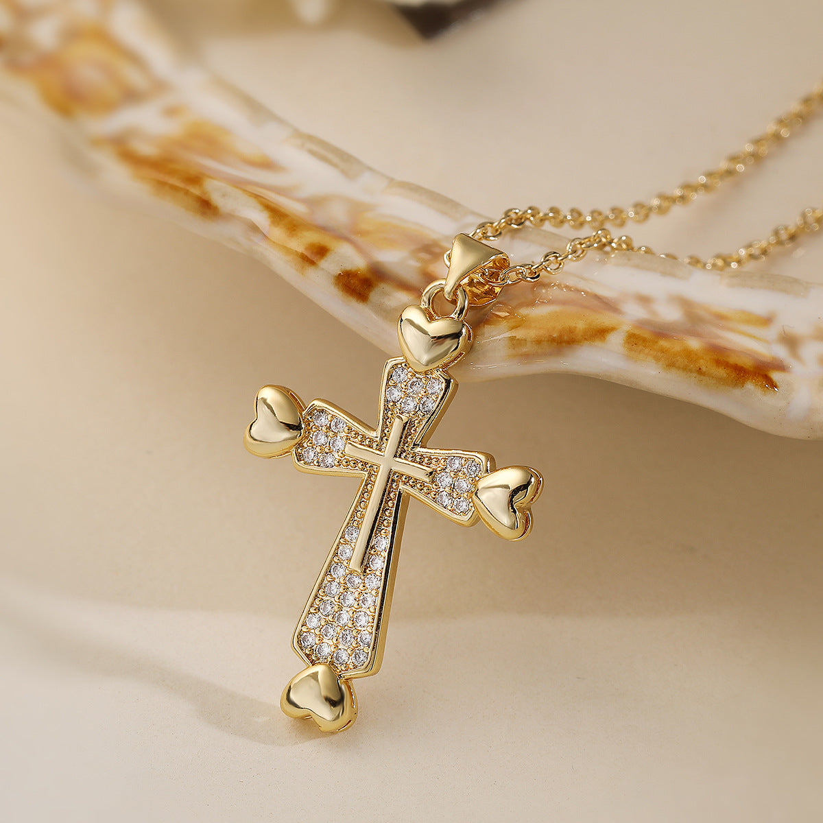 Minimalist Cross Pendant Necklace for Women with Copper Base Plated in 18K Gold and Zircon Inlay