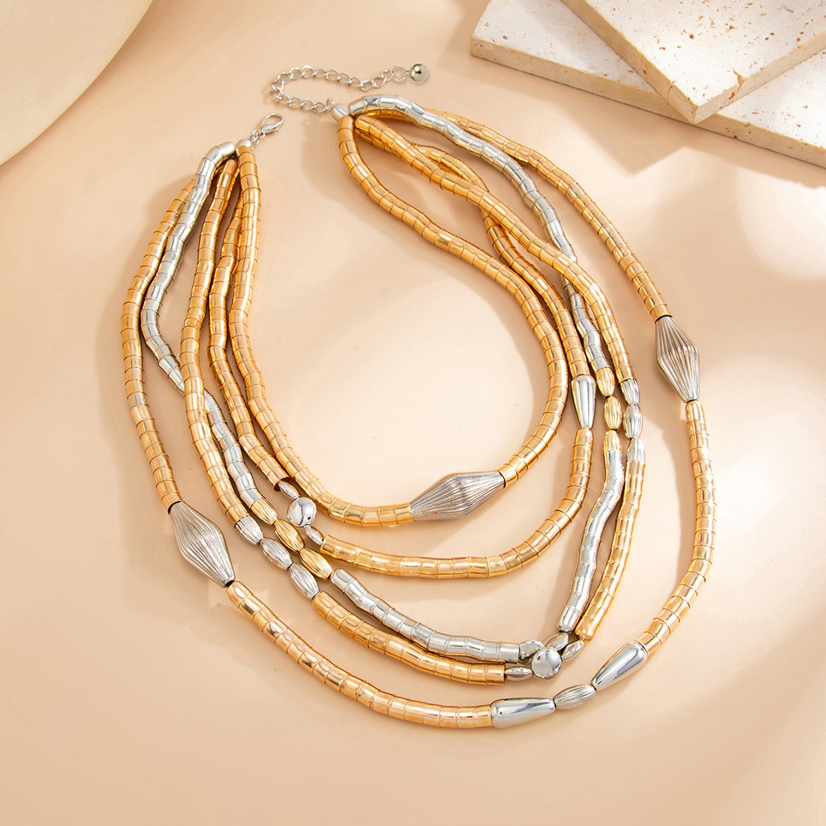 Vintage Geometric Iron Plated Bamboo Chain Multi-layer Choker Necklace for Women
