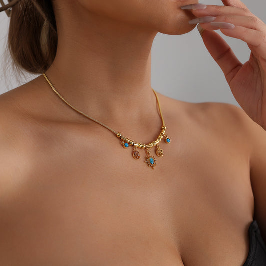 Bohemian Vintage Geometric Star Hollow Tree of Life Turquoise Inlay Alloy Necklace for Women