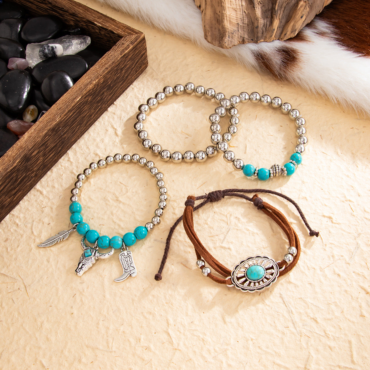 Bohemian Vintage Geometric Round Resin Plated Bracelet Set for Women