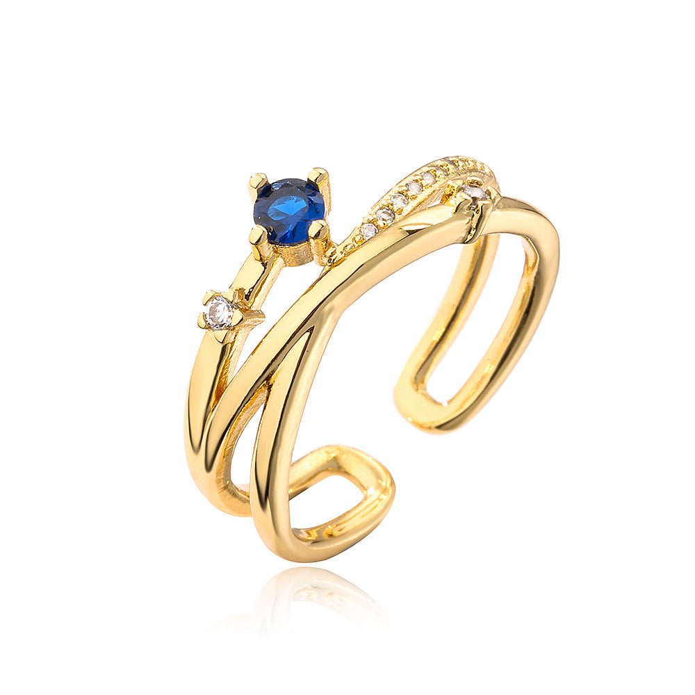 Irregular Geometric Open Ring for Women Made of Brass with Real Gold Plating and Micro-Paved Zirconia