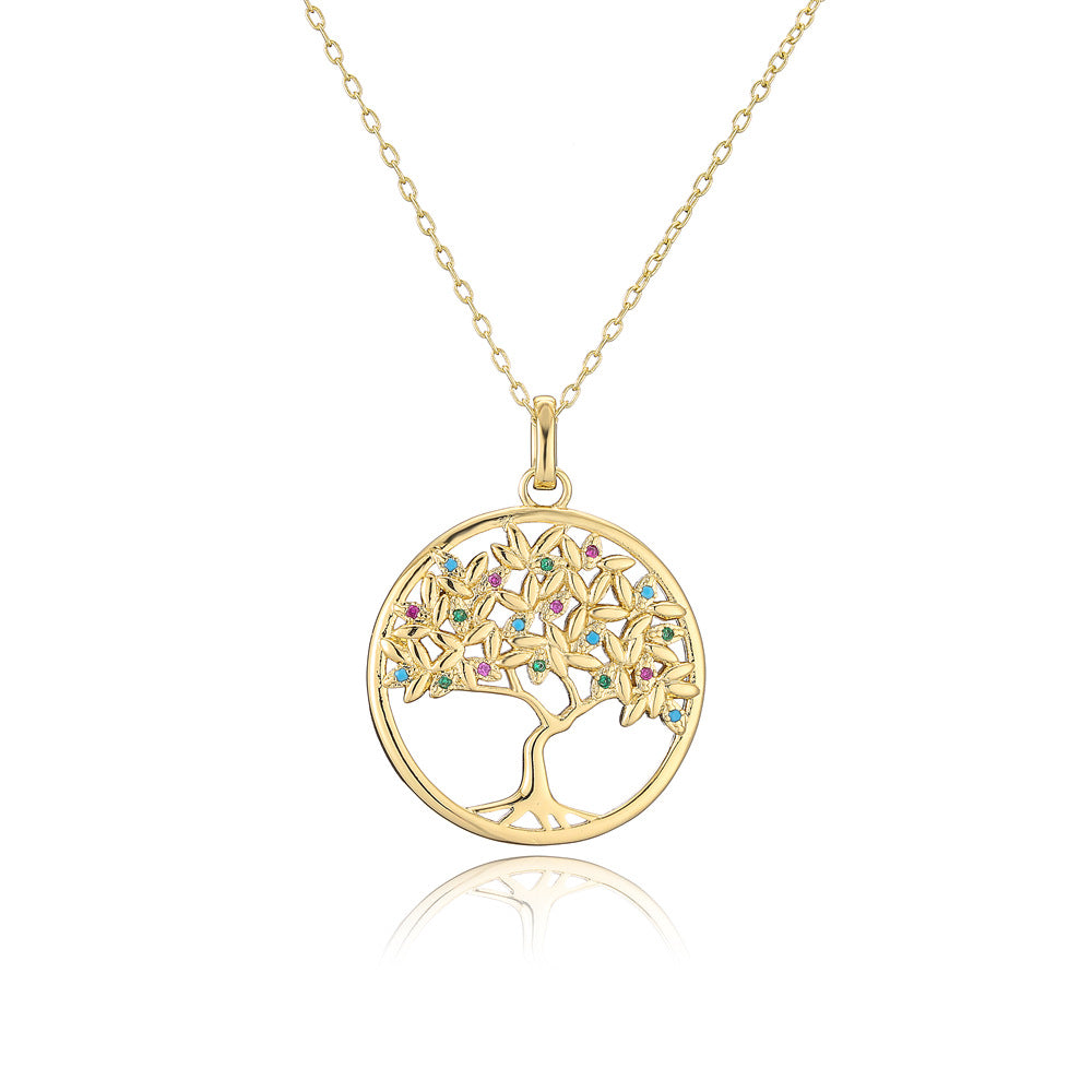 18K Gold Plated Brass Tree of Life Pendant Necklace with Micro-Inlaid Cubic Zirconia for Women