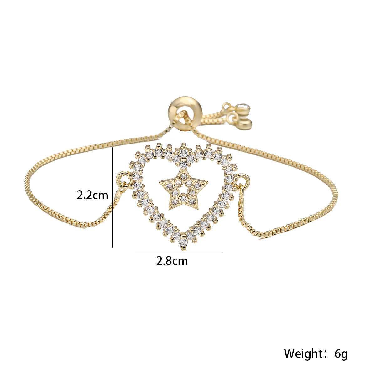 Minimalist Luxury 18K Gold Plated Brass Heart Star Moon Geometric Bracelet with Cubic Zirconia for Women