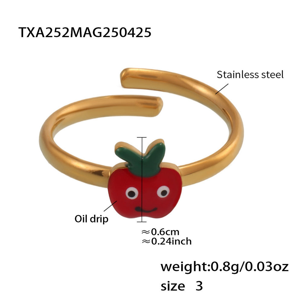 Conjunto de collar, pulsera, pendientes y anillo abierto con colgante en forma de manzana roja adorable para niñas, de acero inoxidable con acabado esmaltado