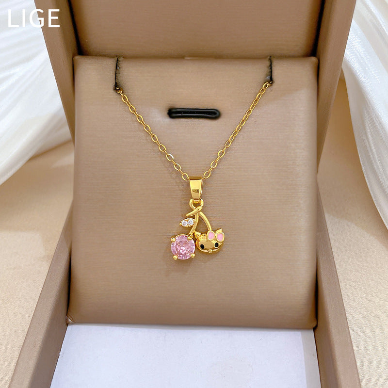Sweet Luxury Geometric Moon Cartoon Rhinestone Pendant Necklace Titanium Steel Cable Chain for Unisex