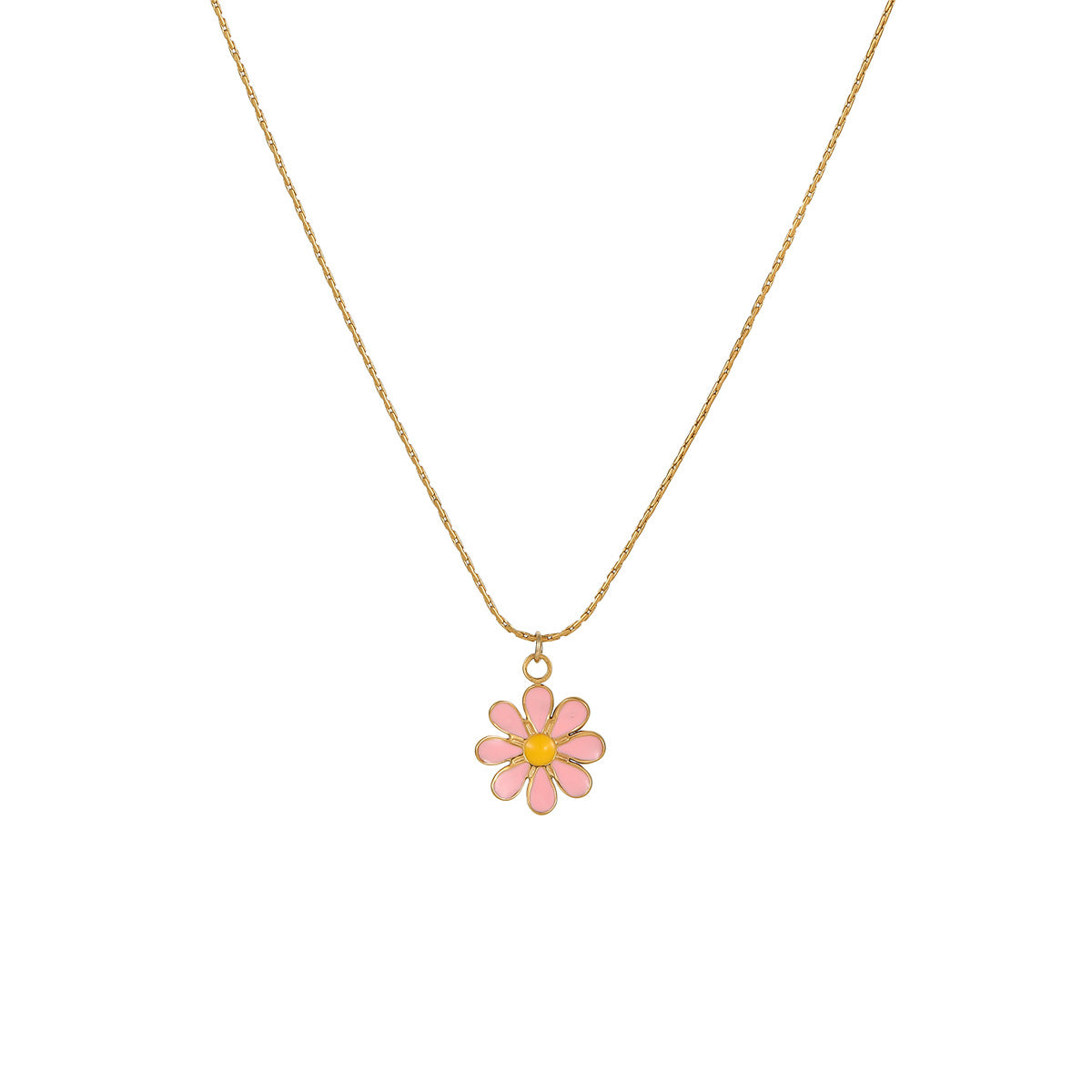 Collana da donna con fiore a margherita alla moda in acciaio inossidabile con finitura placcata, design geometrico a petali, accenti in smalto dopaminico