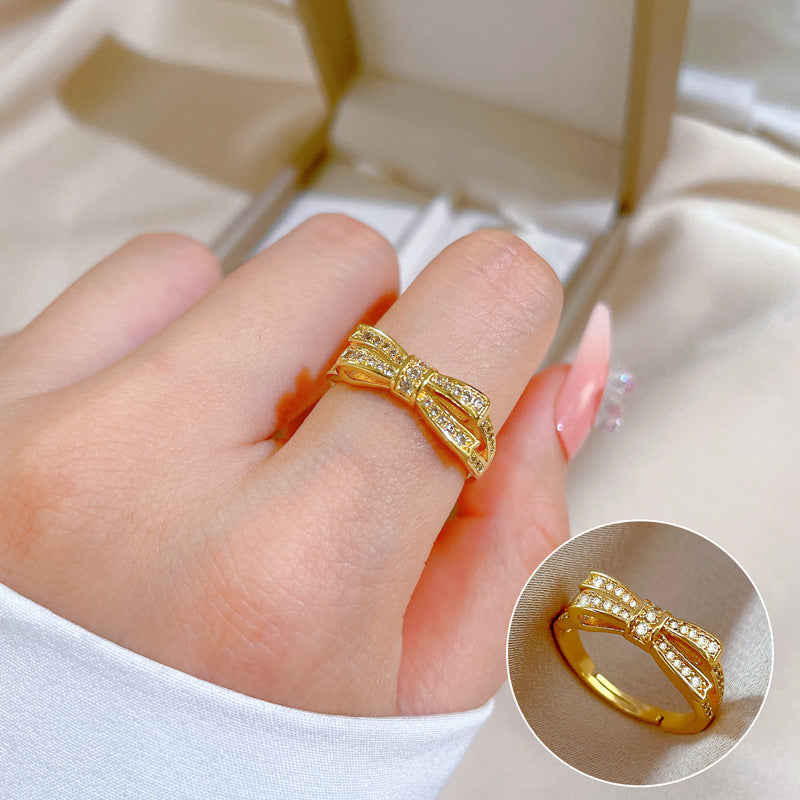 Luxury Minimalist Plated Brass Crown Rhinestone Adjustable Ring for Women