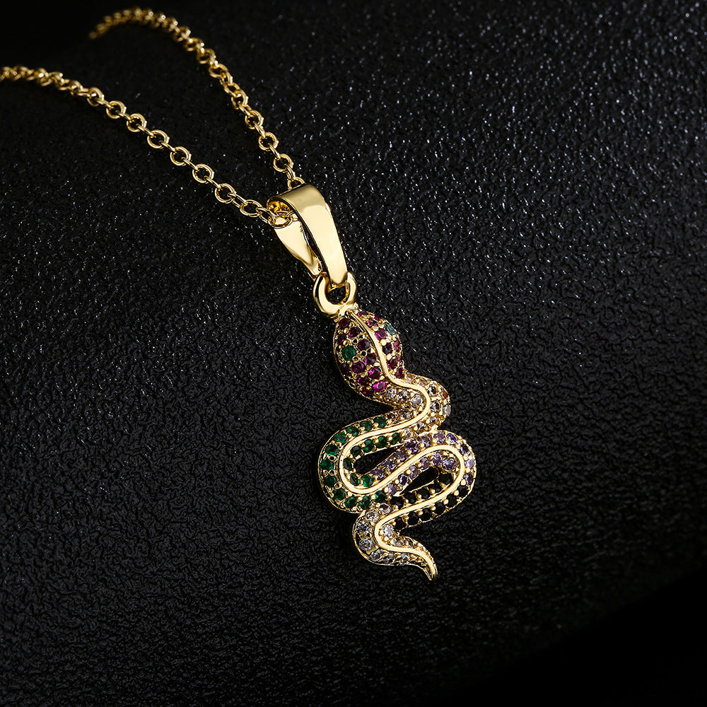 Minimalist Snake-Shaped Pendant Necklace for Women Made of Copper with 18K Gold Plating and Zircon Inlay