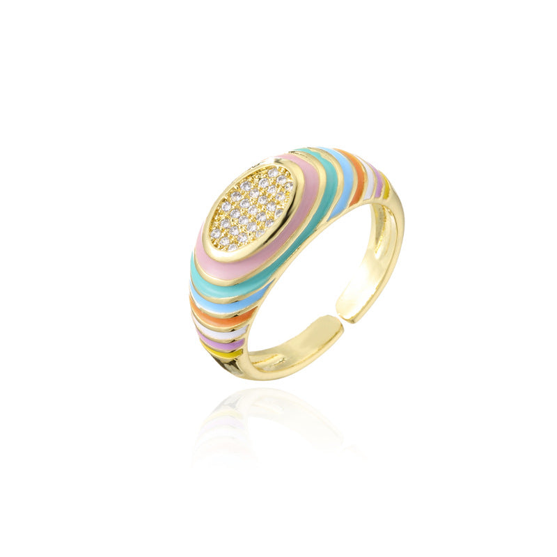 Candy Color Drip Oil Brass Geometric Ring with Micro-set Cubic Zirconia for Women