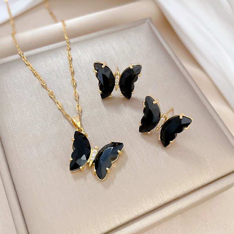 Luxury Titanium Steel Butterfly Geometric Necklace and Earrings Set for Women