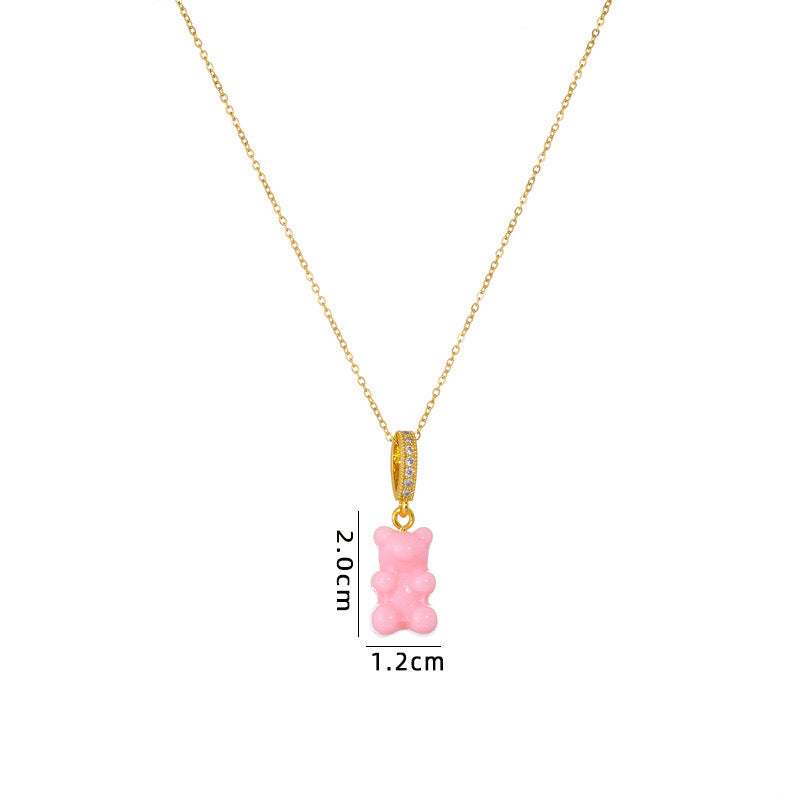 Minimalist Geometric Bear Pendant Necklace in Titanium Steel with Rhinestone Inlay on O-Chain for Women