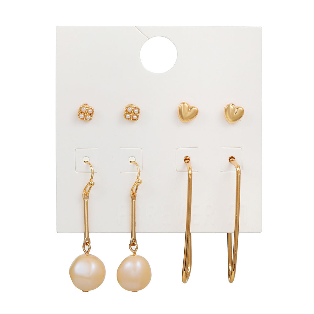 Sweet Rhinestone Inlaid Heart and Round Geometric Pearl Drop Earrings Set